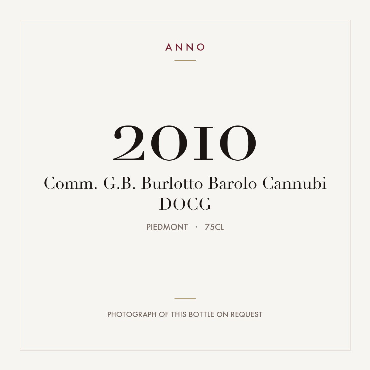 Comm. G.B. Burlotto Barolo Cannubi 2010 DOCG 0,75l, Piemonte — cartão de colheita ANNO; fotografia da garrafa real disponível a pedido