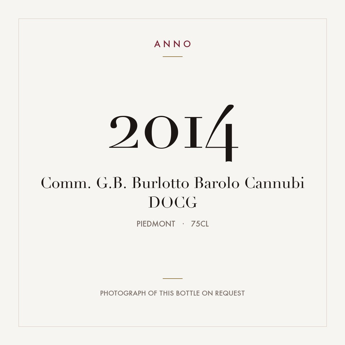 Comm. G.B. Burlotto Barolo Cannubi 2014 DOCG 0,75l, Piémont — carte millésime ANNO ; photo de la bouteille réelle disponible sur demande