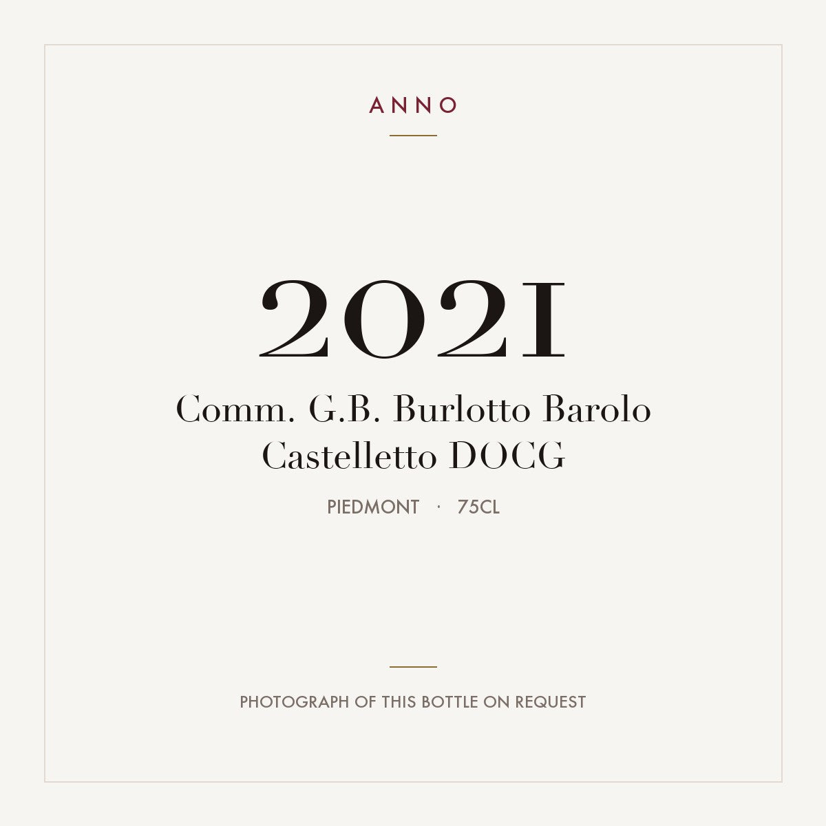 Comm. G.B. Burlotto Barolo Castelletto 2021 DOCG 0,75l, Piemonte — cartão de colheita ANNO; fotografia da garrafa real disponível a pedido