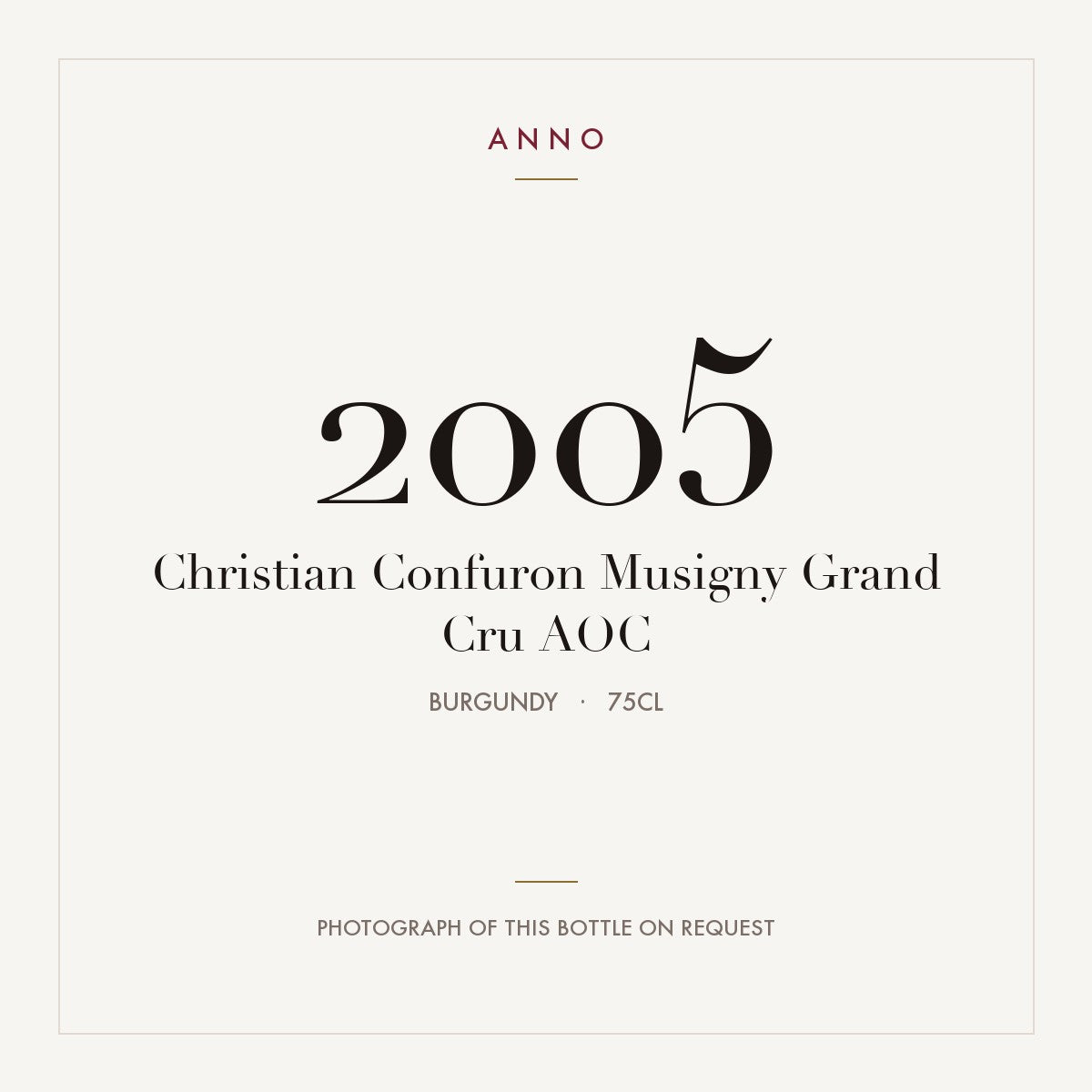 Christian Confuron Musigny Grand Cru 2005 AOC 0,75l, Borgoña — tarjeta de añada ANNO; foto de la botella real disponible bajo petición
