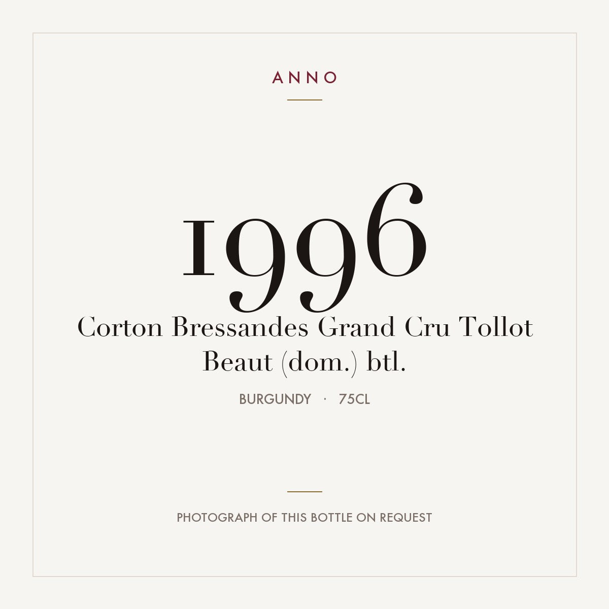 Tollot-Beaut Corton Grand Cru Bressandes 1996 AOC 0,75l — ANNO vintage card; photograph of the actual bottle available on request