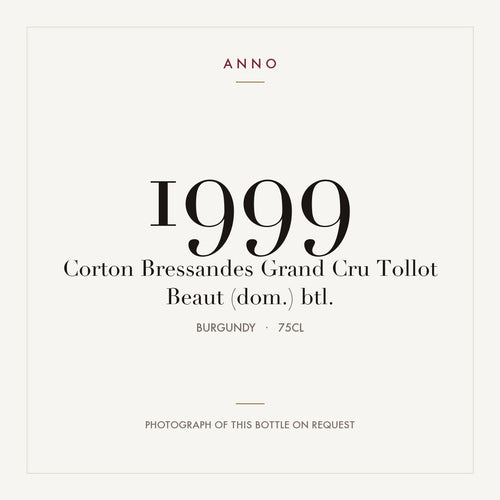 Tollot-Beaut Corton Grand Cru Bressandes 1999 AOC 0,75l — cartão de colheita ANNO; fotografia da garrafa real disponível a pedido