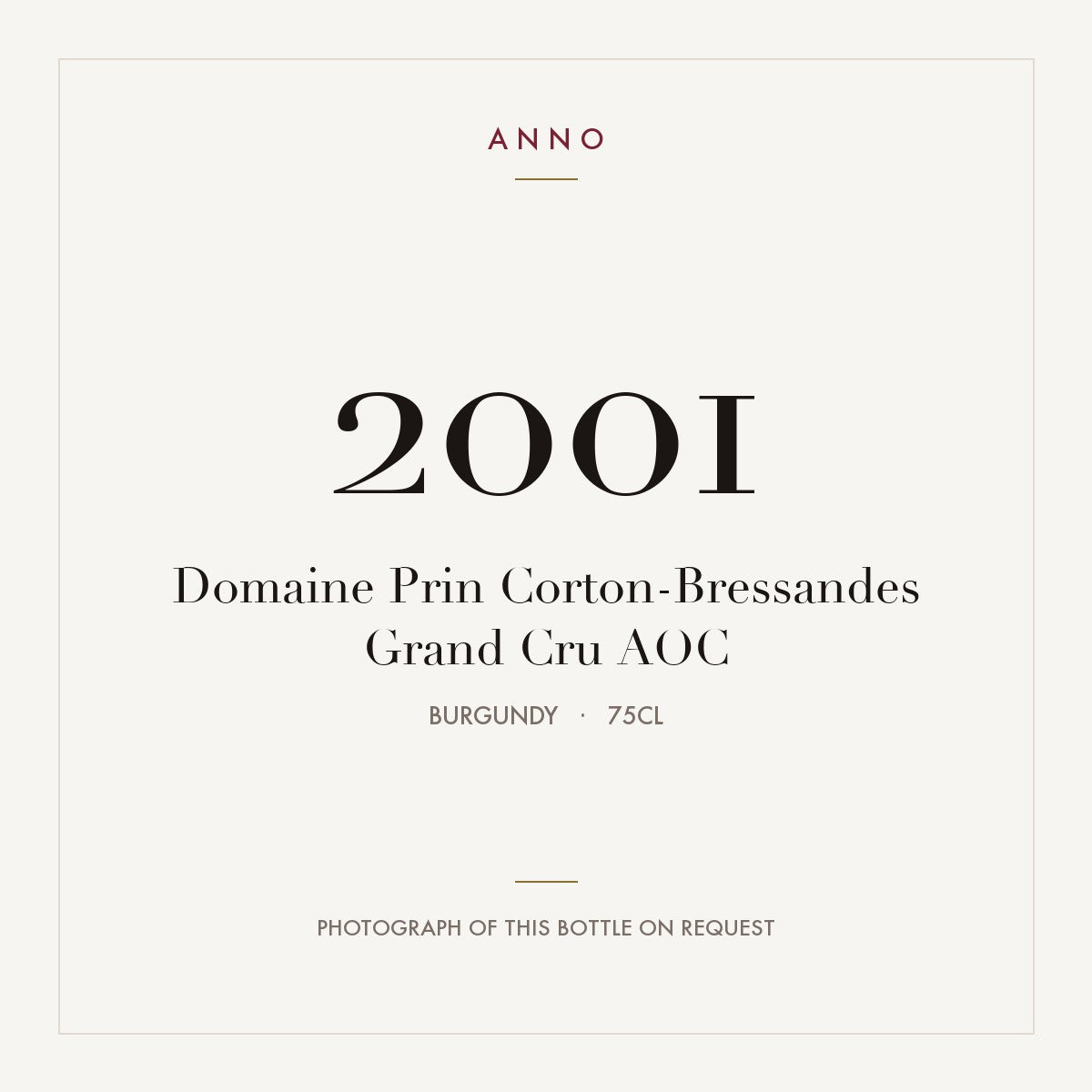 Domaine Prin Corton-Bressandes Grand Cru 2001 AOC 0,75l from Burgundy — ANNO vintage card; photograph of the actual bottle available on request