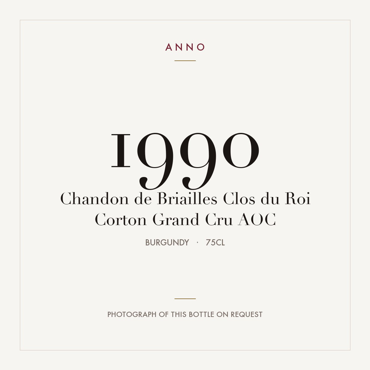 Chandon de Briailles Clos du Roi Corton Grand Cru 1990 AOC 0,75l from Burgundy — ANNO vintage card; photograph of the actual bottle available on request