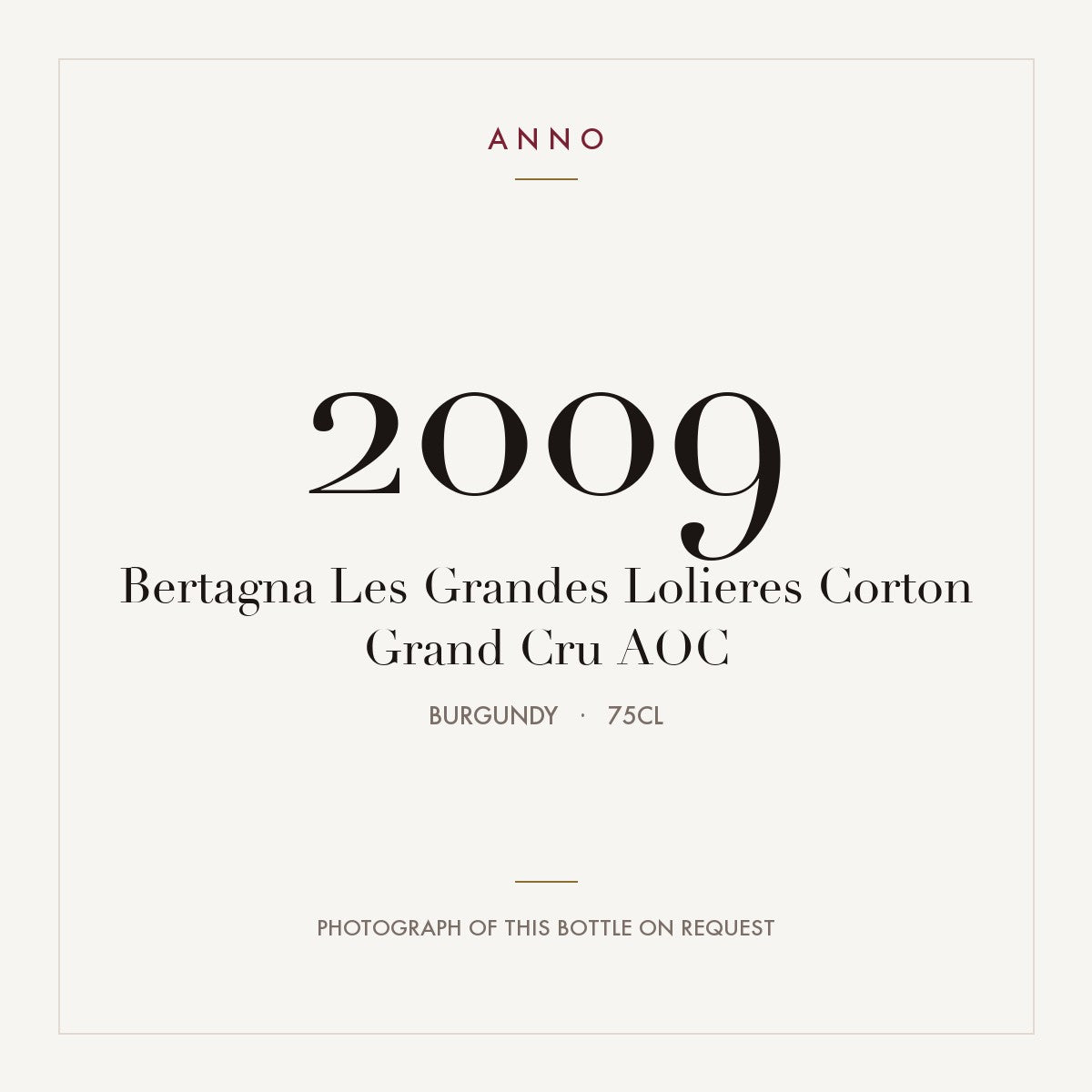 Bertagna Les Grandes Lolieres Corton Grand Cru 2009 AOC 0,75l from Burgundy — ANNO vintage card; photograph of the actual bottle available on request