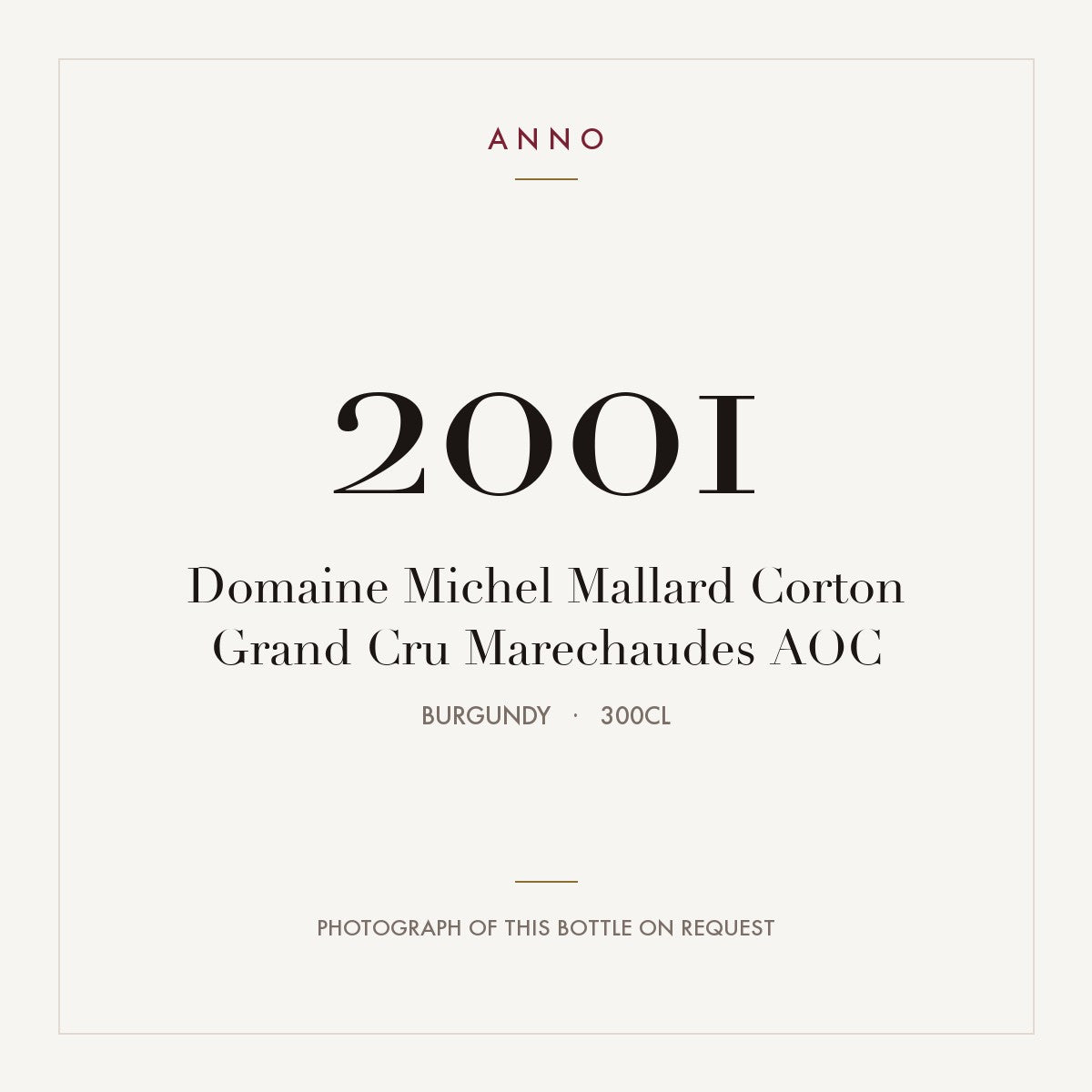 Domaine Michel Mallard Corton Grand Cru Marechaudes 2001 AOC 3l from Burgundy — ANNO vintage card; photograph of the actual bottle available on request