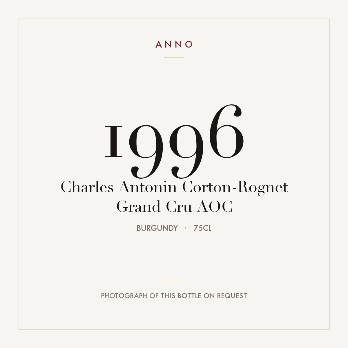 Charles Antonin Corton-Rognet Grand Cru 1996 AOC 0,75l from Burgundy — ANNO vintage card; photograph of the actual bottle available on request