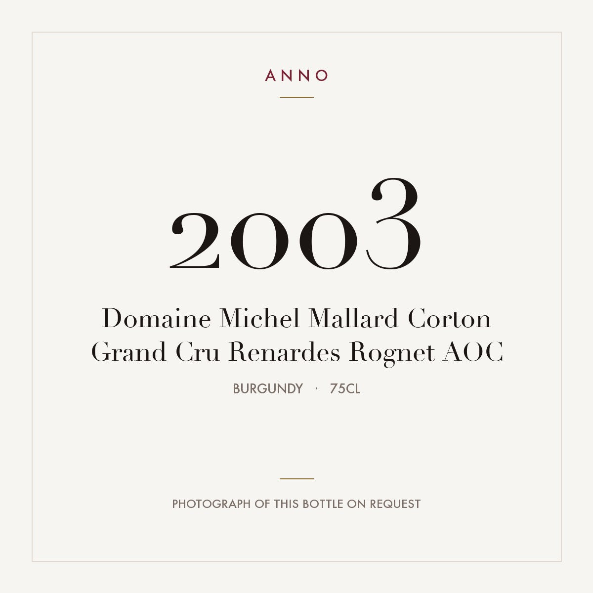 Domaine Michel Mallard Corton Grand Cru Renardes Rognet 2003 AOC 0,75l from Burgundy — ANNO vintage card; photograph of the actual bottle available on request