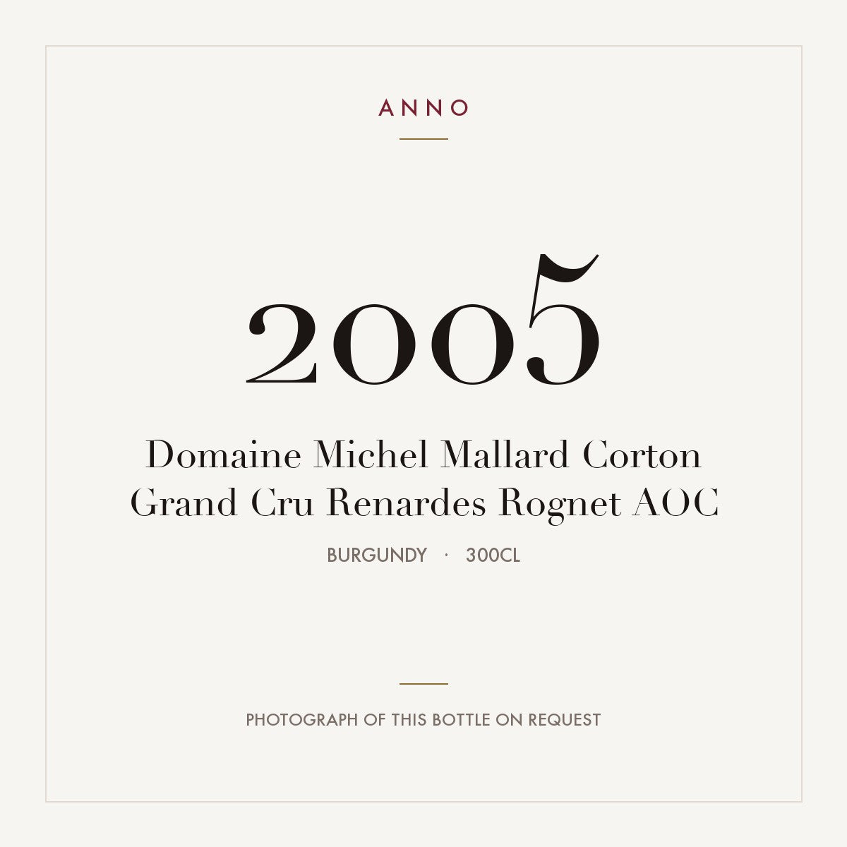 Domaine Michel Mallard Corton Grand Cru Renardes Rognet 2005 AOC 3l from Burgundy — ANNO vintage card; photograph of the actual bottle available on request