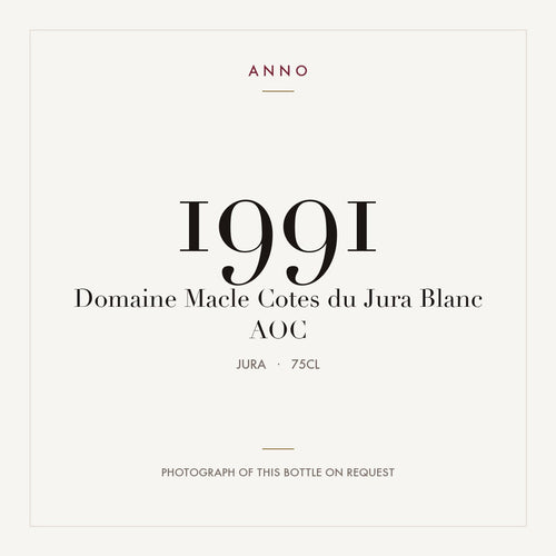 Domaine Macle Cotes du Jura Blanc 1991 AOC 0,75l from Jura — ANNO vintage card; photograph of the actual bottle available on request
