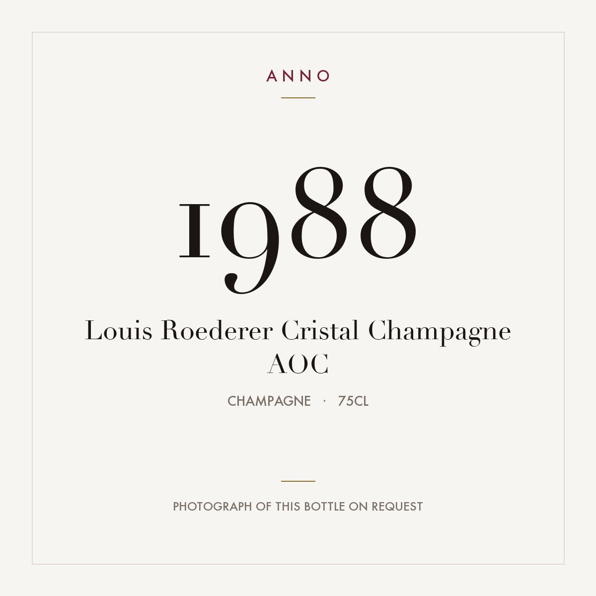Louis Roederer Cristal Champagne 1988 AOC 0,75l, Champagne — cartão de colheita ANNO; fotografia da garrafa real disponível a pedido