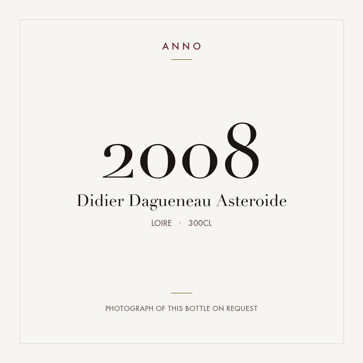 Didier Dagueneau Asteroide 2008 3l, Loire — ANNO-Jahrgangskarte; Foto der tatsächlichen Flasche auf Anfrage