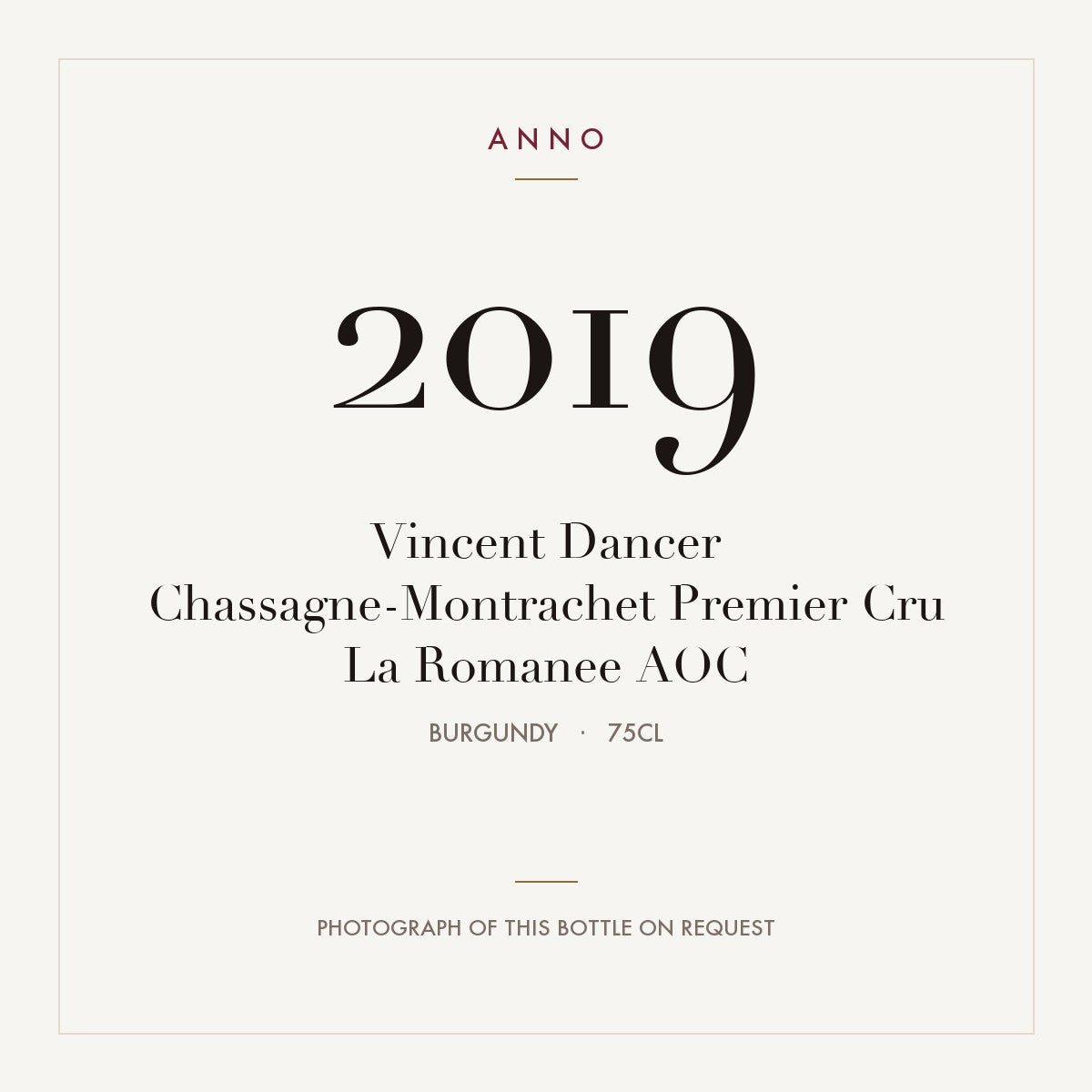 Vincent Dancer Chassagne-Montrachet Premier Cru La Romanee 2019 AOC 0,75l, Borgonha — cartão de colheita ANNO; fotografia da garrafa real disponível a pedido