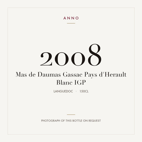 Mas de Daumas Gassac Pays d'Herault Blanc 2008 IGP 1,5l, Languedoc — ANNO-jaargangkaart; foto van de echte fles op aanvraag