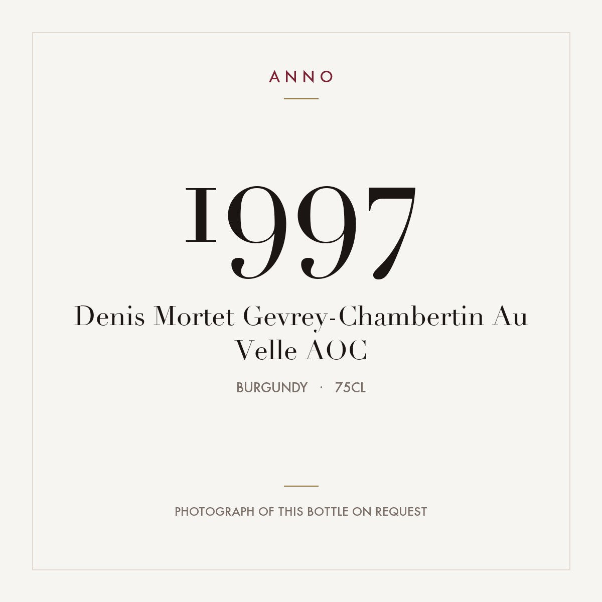 Denis Mortet Gevrey-Chambertin Au Velle 1997 AOC 0,75l, ブルゴーニュ — ANNOヴィンテージカード。実際のボトルの写真はご要望に応じてご用意します
