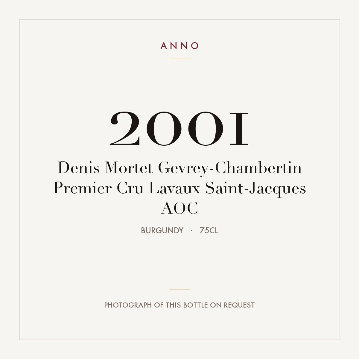 Denis Mortet Gevrey-Chambertin Premier Cru Lavaux Saint-Jacques 2001 AOC 0,75l, Bourgogne — ANNO-jaargangkaart; foto van de echte fles op aanvraag