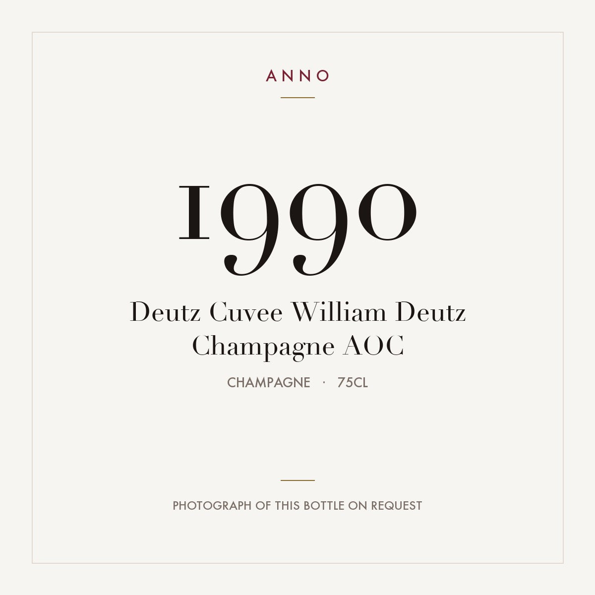 Deutz Cuvee William Deutz Champagne 1990 AOC 0,75l, Champagne — tarjeta de añada ANNO; foto de la botella real disponible bajo petición