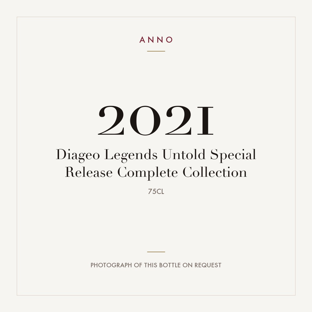 Diageo Legends Untold Special Release Complete Collection 2021 0,75l — ANNO-jaargangkaart; foto van de echte fles op aanvraag