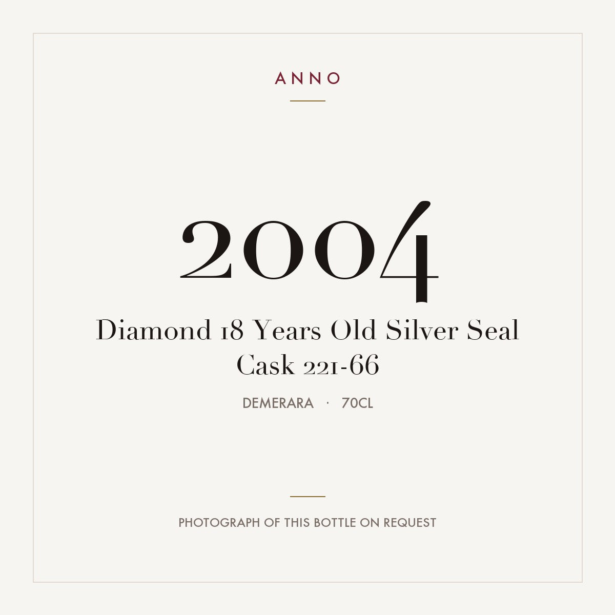 Diamond 18 Years Old Silver Seal Cask 221-66 2004 0,7l from Demerara — ANNO vintage card; photograph of the actual bottle available on request