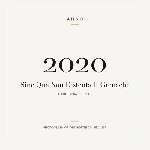 Sine Qua Non Distenta II Grenache 2020 0,75l from California — ANNO vintage card; photograph of the actual bottle available on request