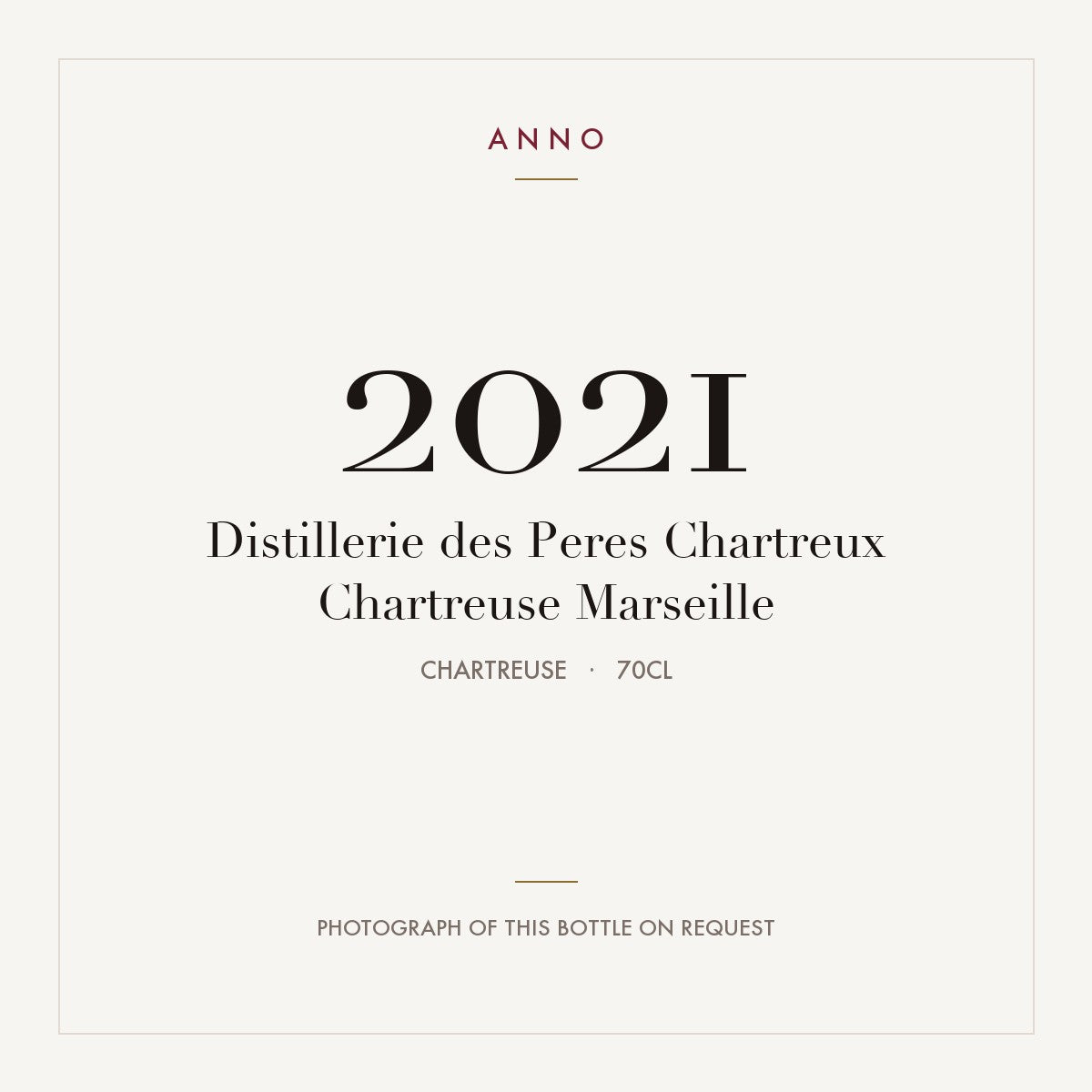 Distillerie des Peres Chartreux Chartreuse Marseille 2021 0,7l, Chartreuse — cartão de colheita ANNO; fotografia da garrafa real disponível a pedido