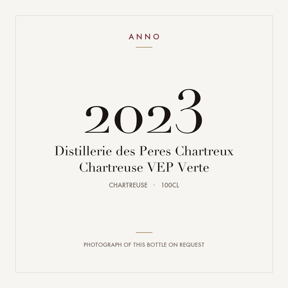 Distillerie des Peres Chartreux Chartreuse VEP Verte 2023 1l, Chartreuse — carte millésime ANNO ; photo de la bouteille réelle disponible sur demande