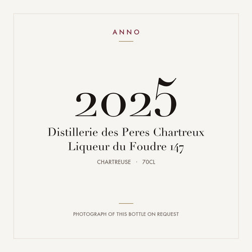Distillerie des Peres Chartreux Liqueur du Foudre 147 2025 0,7l, Chartreuse — carte millésime ANNO ; photo de la bouteille réelle disponible sur demande
