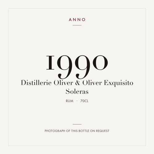 Distillerie Oliver & Oliver Exquisito Soleras 1990 0,7l from Rum — ANNO vintage card; photograph of the actual bottle available on request