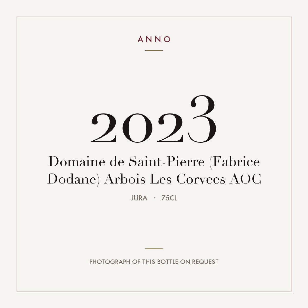 Domaine de Saint-Pierre (Fabrice Dodane) Arbois Les Corvees 2023 AOC 0,75l, Jura — cartão de colheita ANNO; fotografia da garrafa real disponível a pedido