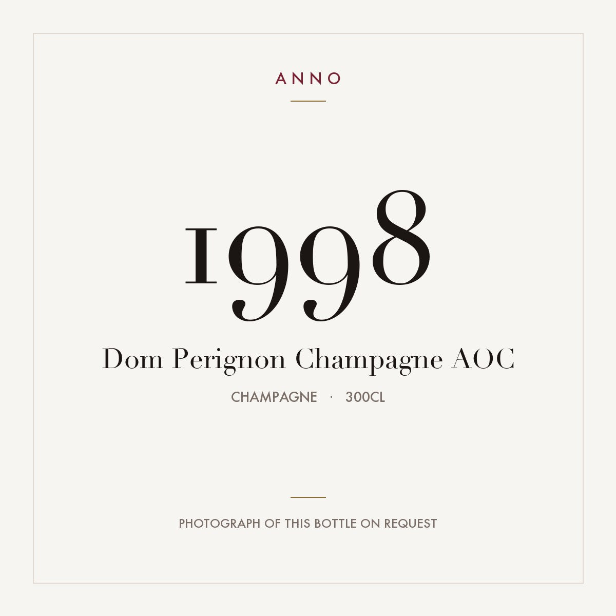 Dom Perignon Champagne 1998 AOC 3l, Champagne — cartão de colheita ANNO; fotografia da garrafa real disponível a pedido
