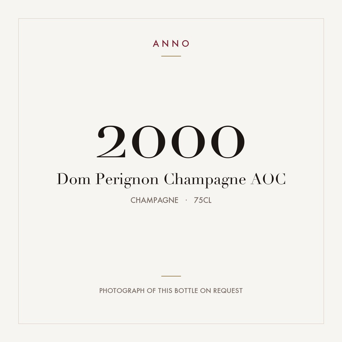 Dom Perignon Champagne 2000 AOC 0,75l, Champagne — cartão de colheita ANNO; fotografia da garrafa real disponível a pedido