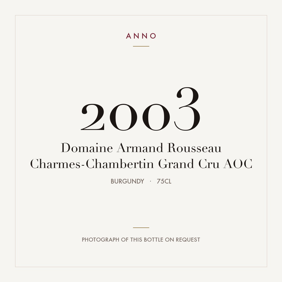 Domaine Armand Rousseau Charmes-Chambertin Grand Cru 2003 AOC 0,75l, Borgogna — card dell'annata ANNO; foto della bottiglia reale disponibile su richiesta
