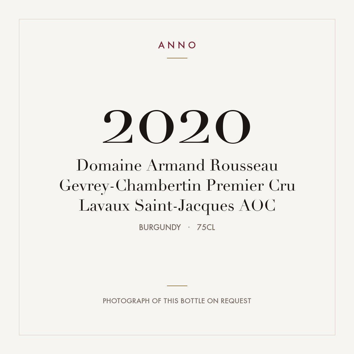 Domaine Armand Rousseau Gevrey-Chambertin Premier Cru Lavaux Saint-Jacques 2020 AOC 0,75l from Burgundy — ANNO vintage card; photograph of the actual bottle available on request