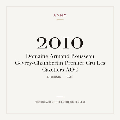 Domaine Armand Rousseau Gevrey-Chambertin Premier Cru Les Cazetiers 2010 AOC 0,75l from Burgundy — ANNO vintage card; photograph of the actual bottle available on request