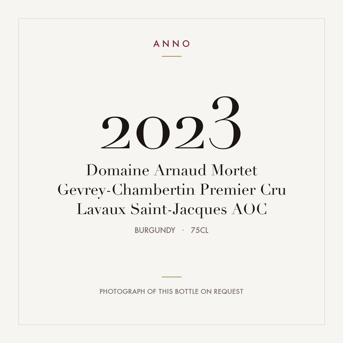 Domaine Arnaud Mortet Gevrey-Chambertin Premier Cru Lavaux Saint-Jacques 2023 AOC 0,75l, 勃根地 — ANNO 年份卡；實際酒瓶照片可應要求提供