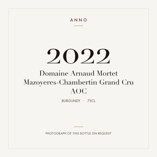Domaine Arnaud Mortet Mazoyeres-Chambertin Grand Cru 2022 AOC 0,75l, Burgund — ANNO-Jahrgangskarte; Foto der tatsächlichen Flasche auf Anfrage