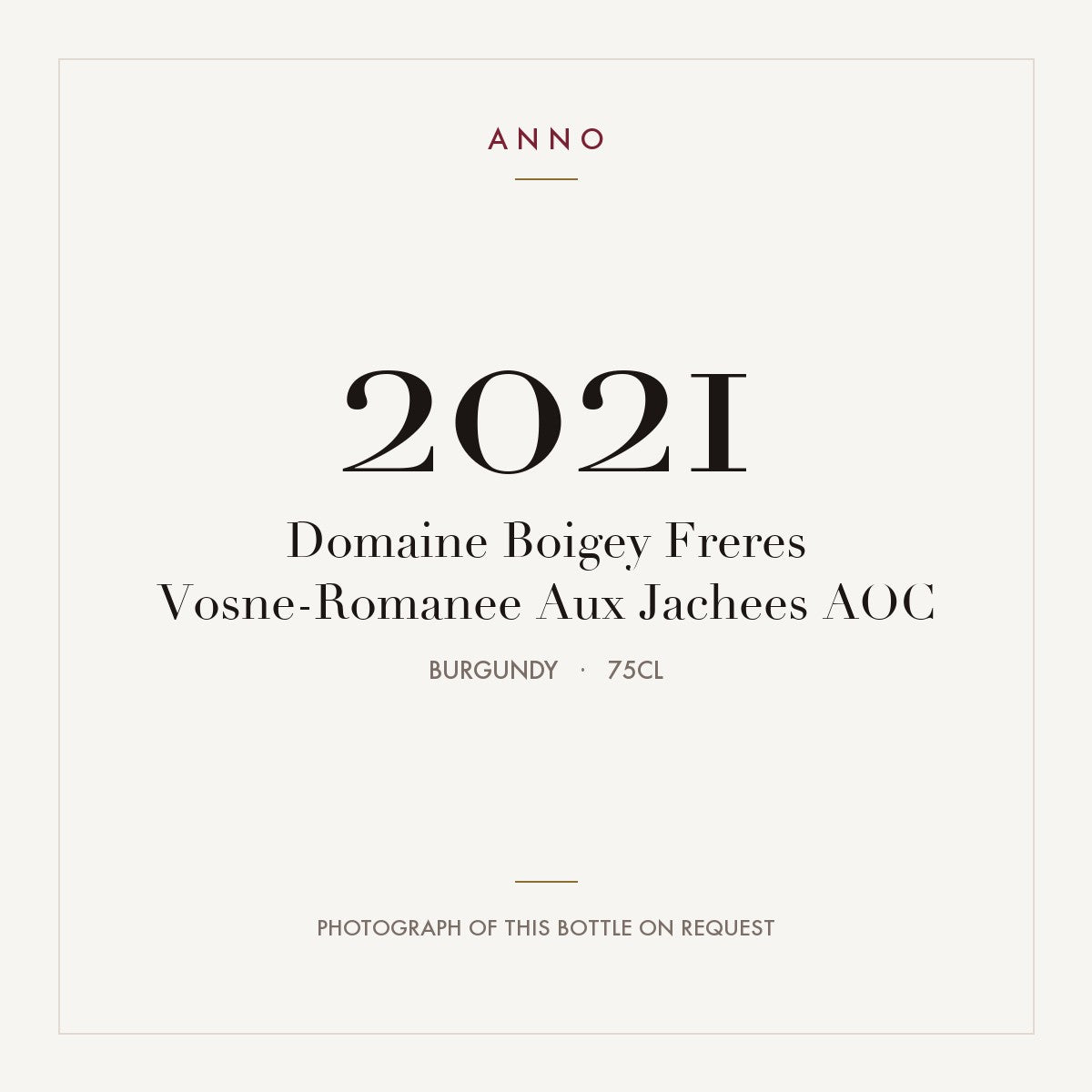 Domaine Boigey Freres Vosne-Romanee Aux Jachees 2021 AOC 0,75l, Borgoña — tarjeta de añada ANNO; foto de la botella real disponible bajo petición