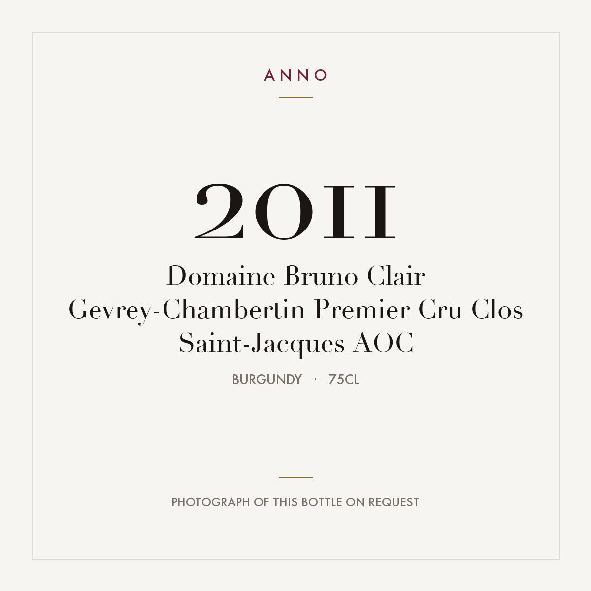 Domaine Bruno Clair Gevrey-Chambertin Premier Cru Clos Saint-Jacques 2011 AOC 0,75l, Bourgogne — ANNO-jaargangkaart; foto van de echte fles op aanvraag