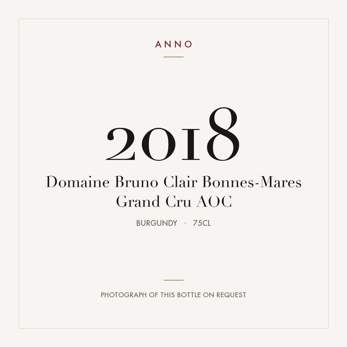 Domaine Bruno Clair Bonnes-Mares Grand Cru 2018 AOC 0,75l, 勃根地 — ANNO 年份卡；實際酒瓶照片可應要求提供