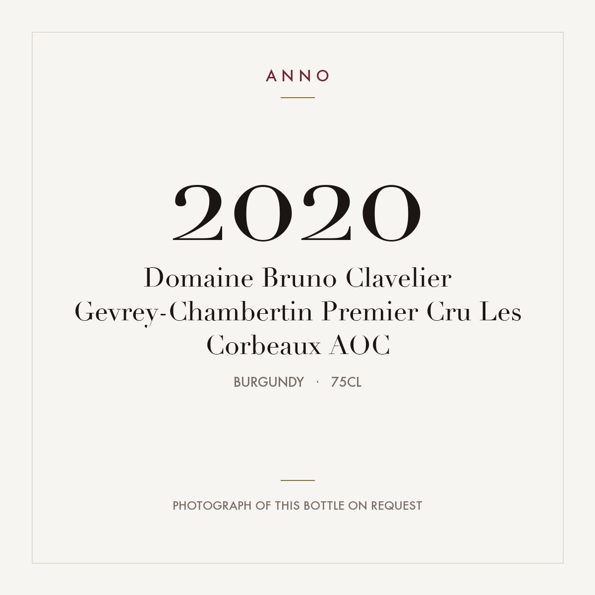 Domaine Bruno Clavelier Gevrey-Chambertin Premier Cru Les Corbeaux 2020 AOC 0,75l, Burgund — ANNO-Jahrgangskarte; Foto der tatsächlichen Flasche auf Anfrage