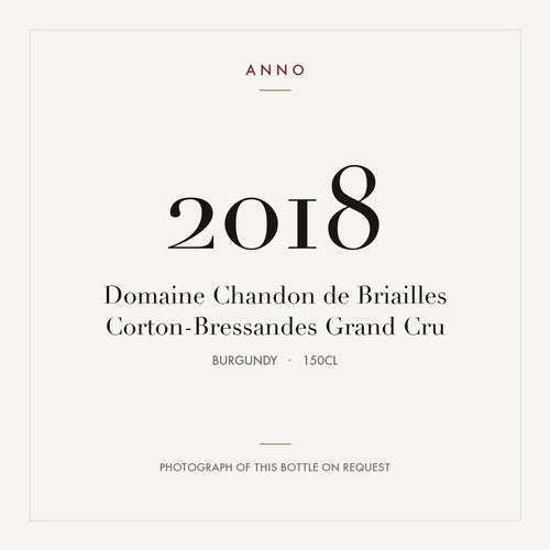 Domaine Chandon de Briailles Corton Grand Cru Corton-Bressandes 2018 AOC 1,5l — cartão de colheita ANNO; fotografia da garrafa real disponível a pedido