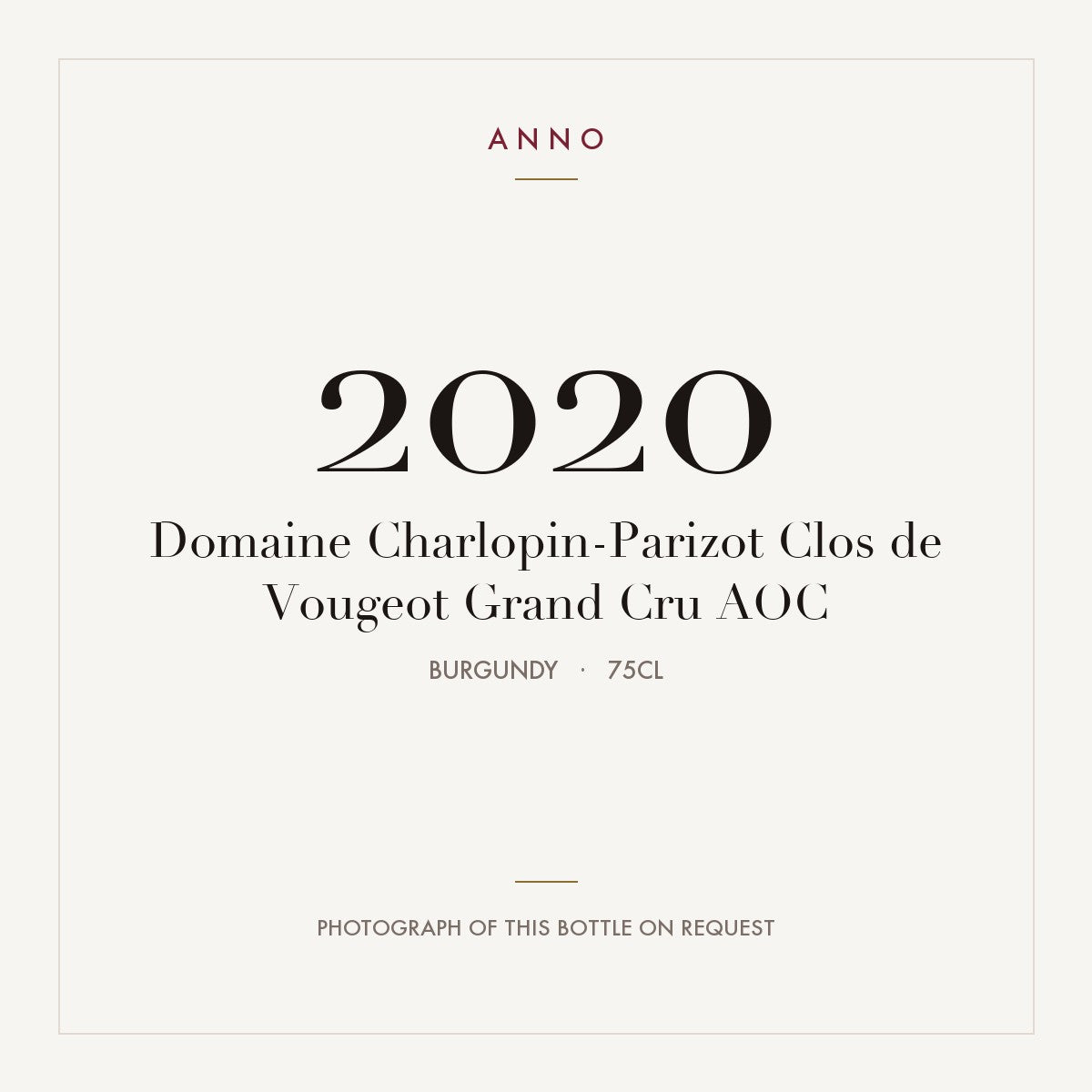 Domaine Charlopin-Parizot Clos de Vougeot Grand Cru 2020 AOC 0,75l, Borgoña — tarjeta de añada ANNO; foto de la botella real disponible bajo petición