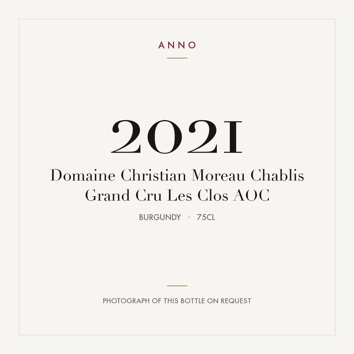 Domaine Christian Moreau Chablis Grand Cru Les Clos 2021 AOC 0,75l from Burgundy — ANNO vintage card; photograph of the actual bottle available on request