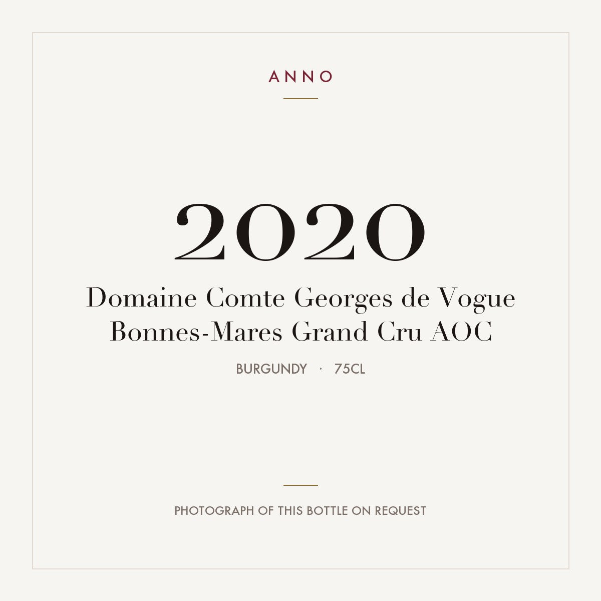 Domaine Comte Georges de Vogue Bonnes-Mares Grand Cru 2020 AOC 0,75l, Burgund — ANNO-Jahrgangskarte; Foto der tatsächlichen Flasche auf Anfrage