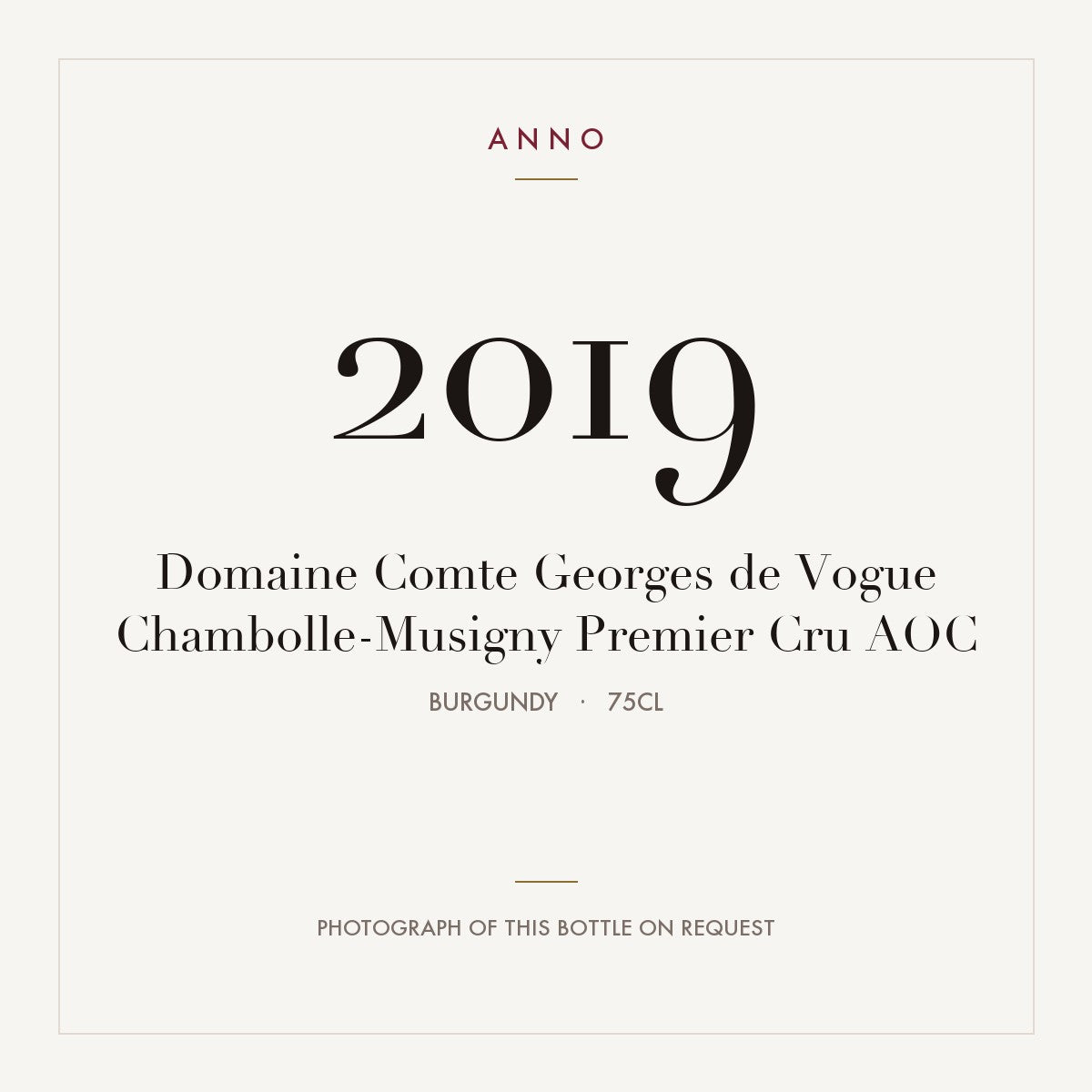 Domaine Comte Georges de Vogue Chambolle-Musigny Premier Cru 2019 AOC 0,75l, Borgonha — cartão de colheita ANNO; fotografia da garrafa real disponível a pedido
