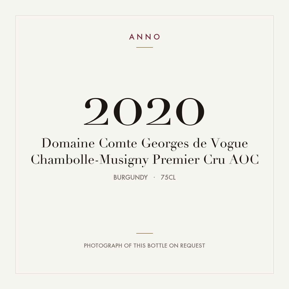 Domaine Comte Georges de Vogue Chambolle-Musigny Premier Cru 2020 AOC 0,75l, Borgonha — cartão de colheita ANNO; fotografia da garrafa real disponível a pedido
