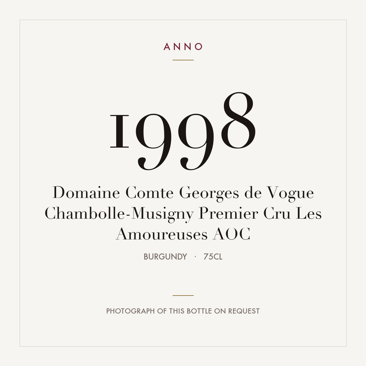 Domaine Comte Georges de Vogue Chambolle-Musigny Premier Cru Les Amoureuses 1998 AOC 0,75l, Borgogna — card dell'annata ANNO; foto della bottiglia reale disponibile su richiesta