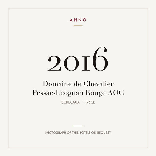 Domaine de Chevalier Pessac-Leognan Rouge 2016 AOC 0,75l from Bordeaux — ANNO vintage card; photograph of the actual bottle available on request