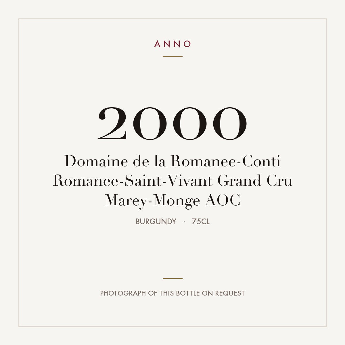 Domaine de la Romanee-Conti Romanee-Saint-Vivant Grand Cru Marey-Monge 2000 AOC 0,75l, Bourgogne — ANNO-årgangskort; foto af den faktiske flaske på forespørgsel
