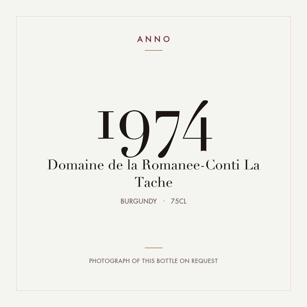 Domaine de la Romanee-Conti La Tache Grand Cru 1974 AOC 0,75l — carte millésime ANNO ; photo de la bouteille réelle disponible sur demande